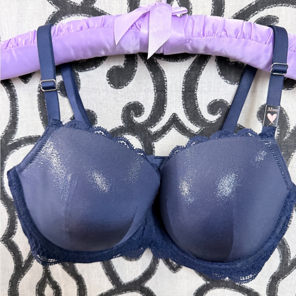 NWT 32DD Victoria's Secret Dream Angels Lined Demi Navy Blue Shiny Bra Lace Trim